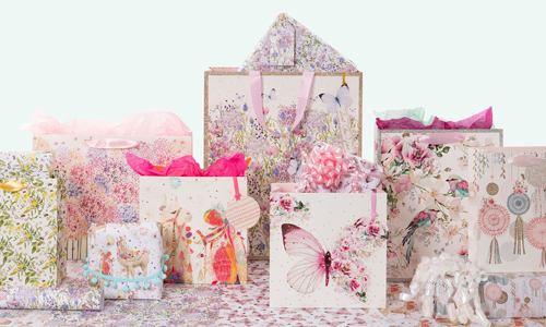 An arrangement of floral patterned gift bags.